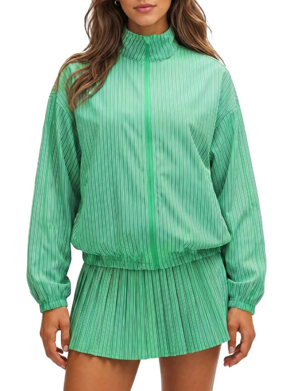 Stylish Women's Striped Tennis Jacket & Casual Matching Set - Trendy Activewear
